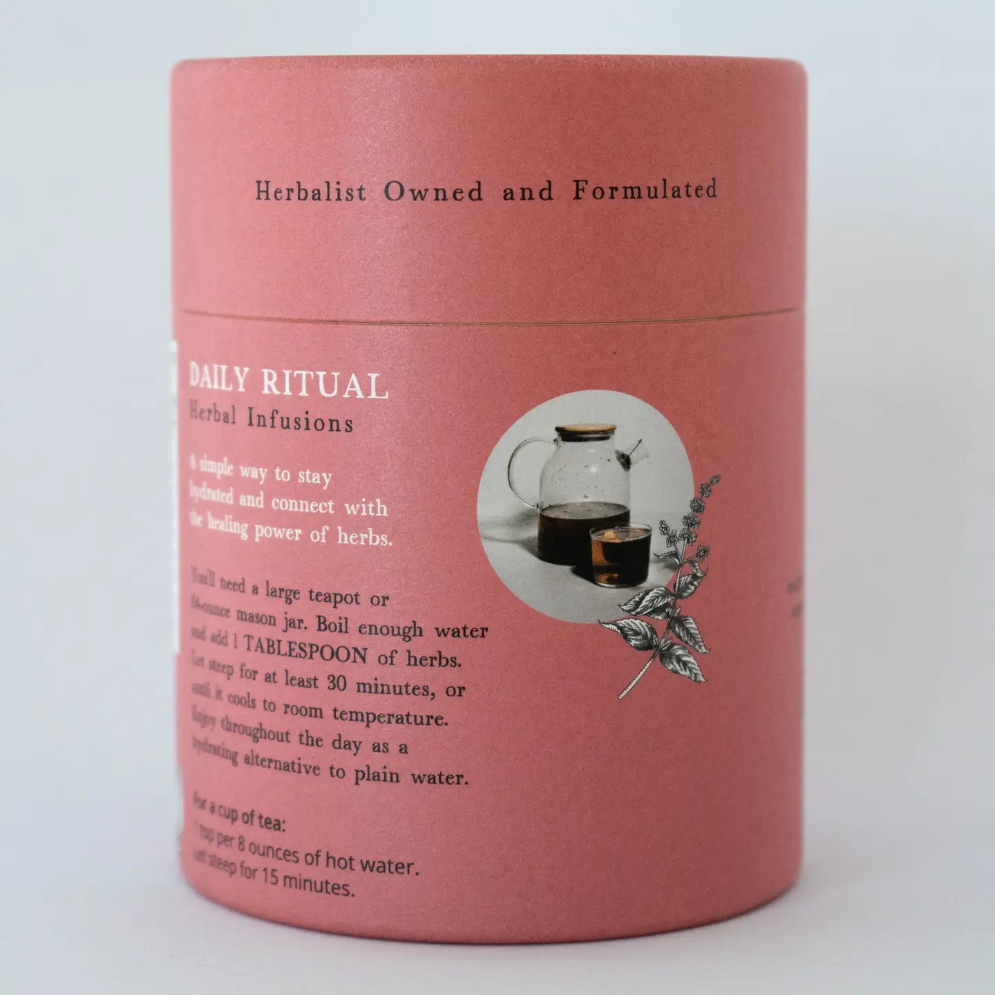 Pink container with text and an illustration on a white background