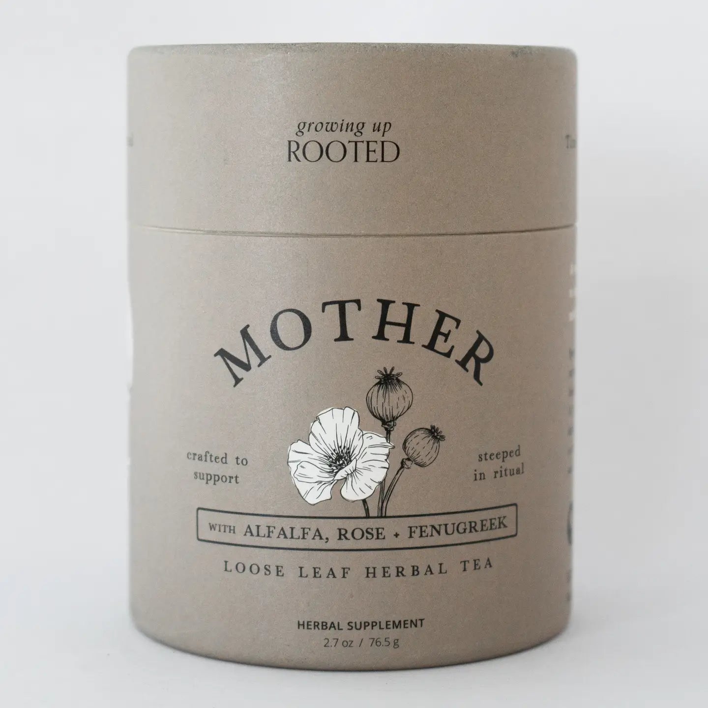 Kraft paper tea canister labeled 'Mother' with herbal design on a white background