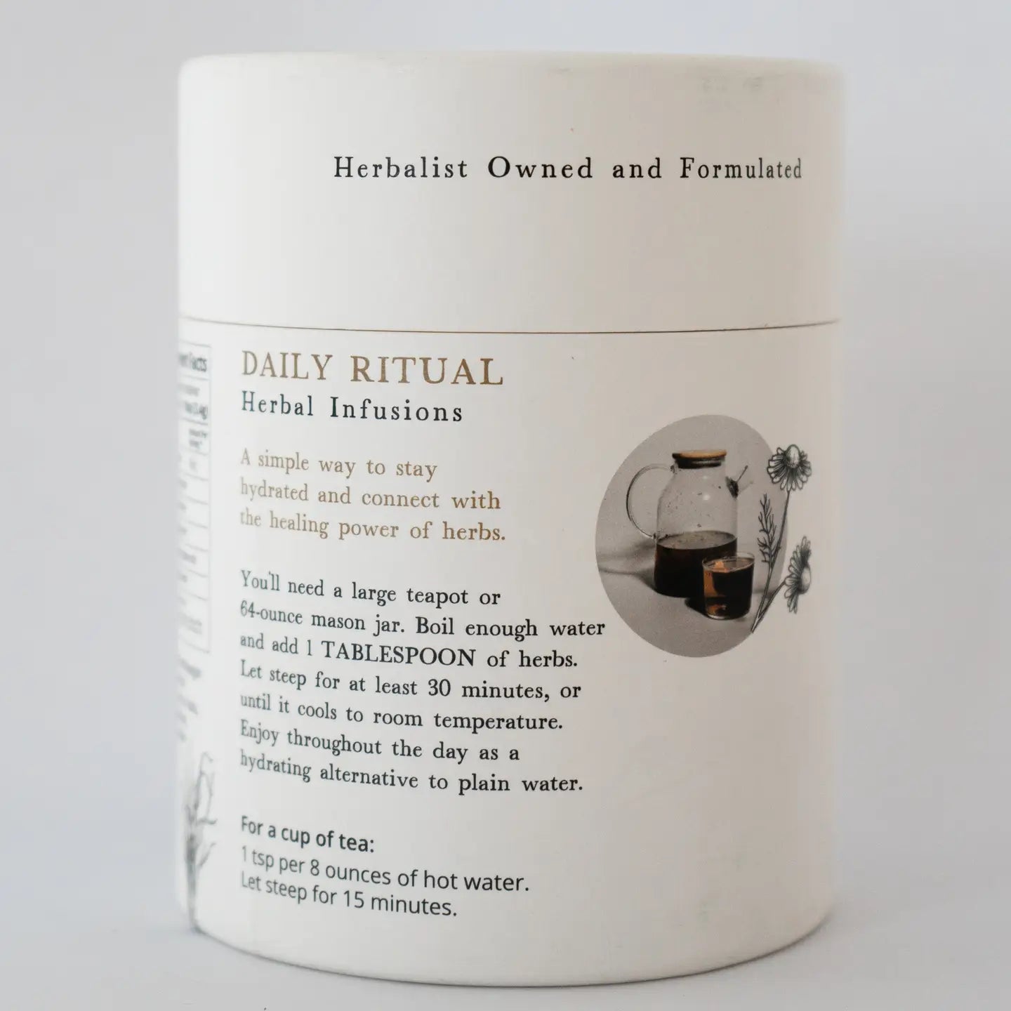 Container for Daily Ritual Herbal Infusions with text and illustrations on a white background