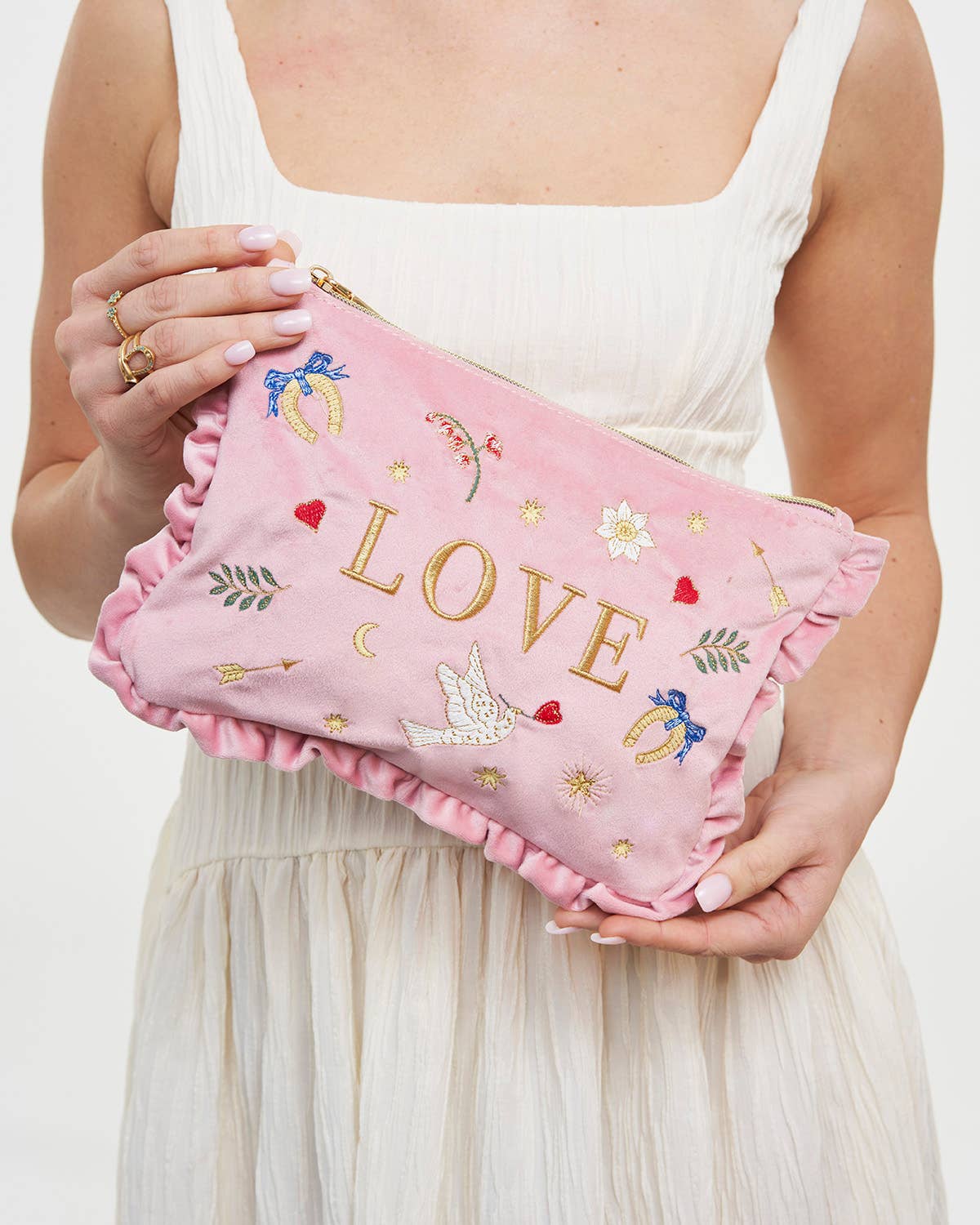 Love Scatter Pink Velvet Embroidered Pouch