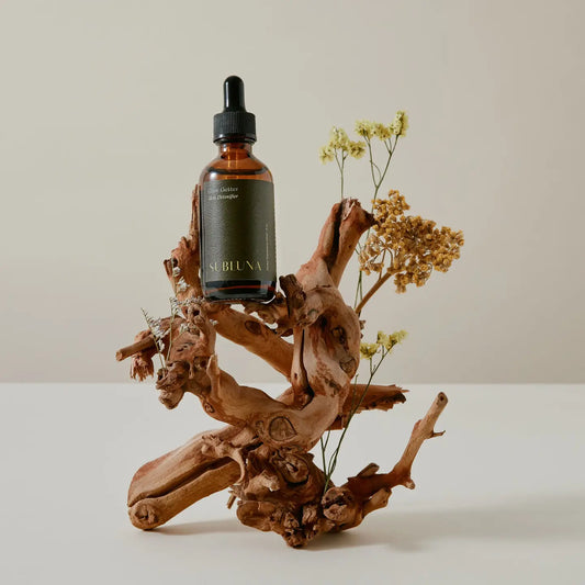 Brown glass bottle with black cap on a wooden branch with dried flowers against a beige background